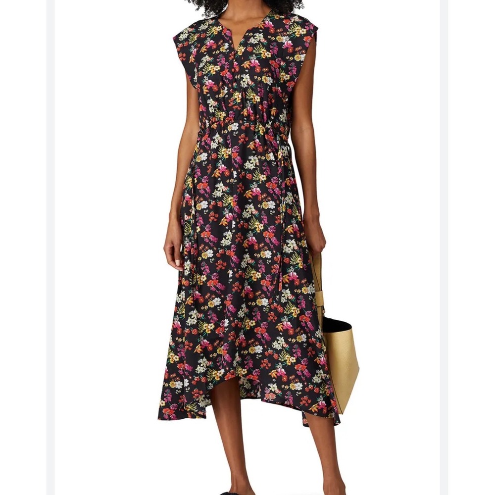Derek Lam Collective Black Floral V-Neck Handkerchief Hem Midi Dress Size 40